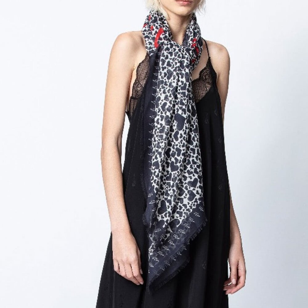 Zadig & Voltaire Ivy Coeurs Black, White and Red Heart Print Scarf